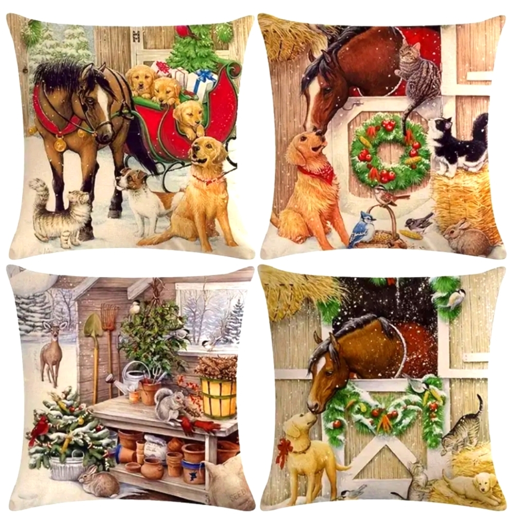 Set of 4 Christmas labrador cat horse farmhouse barn 18x18 Pillow Covers